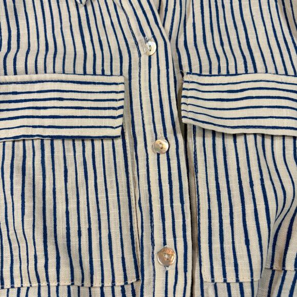 Zara women’s crop blue white striped tie front button shirt. Linen blend. Size M - Picture 5 of 6